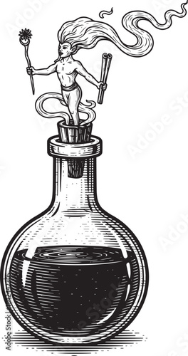 Engraved spirit emerging from potion bottle with magical artifac
