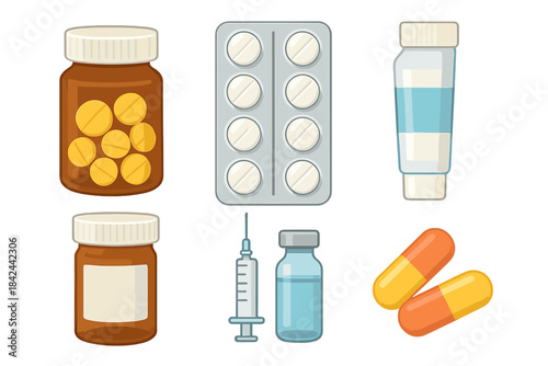 Set of various medicine containers and medical equipment including bottles, blister pack, syringe, and capsules