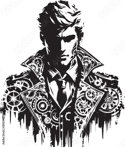Steampunk portrait of a man in monochrome with gear adorned high
