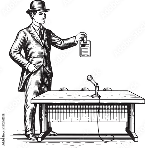 Engraved illustration of a man presenting identity card at confe