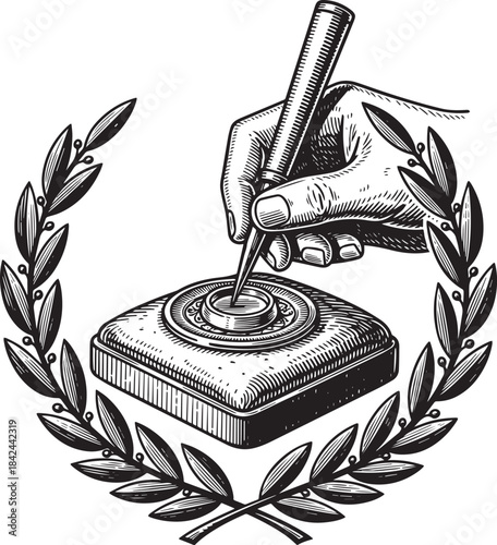 Intricate Engraving: Hand and Inkwell with Laurel Wreath Border