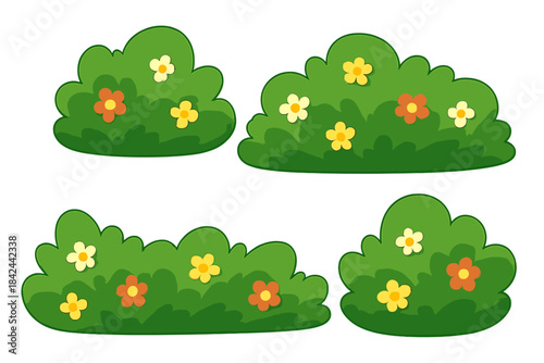 Stylized green garden shrubs with bright colorful blossoms