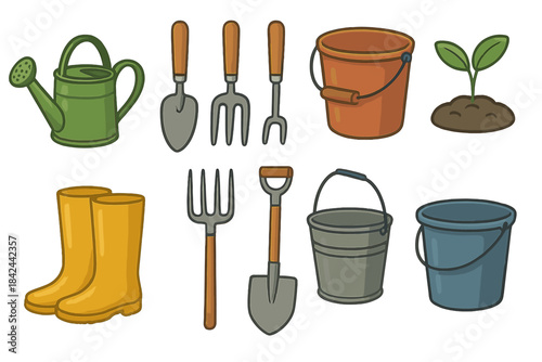 Essential gardening tools and equipment set including watering can, rubber boots, buckets, and hand shovels