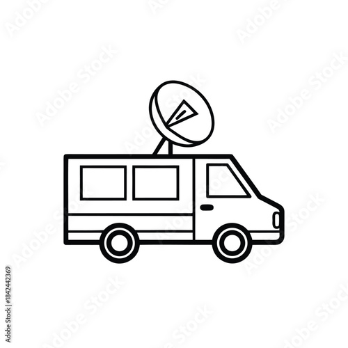 News Van with Satellite Dish Line Drawing in Black and White – Minimal Mobile Broadcasting and Journalism Icon
