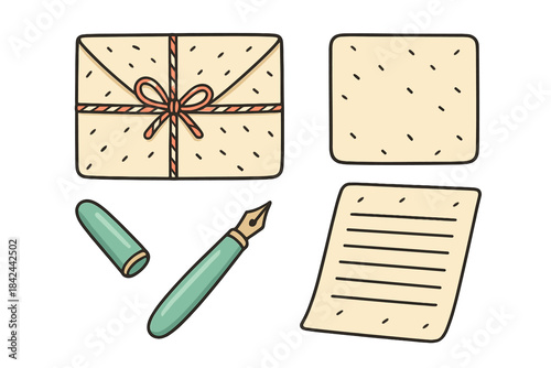 Beautifully arranged stationery with an envelope, blank cards, and a fountain pen for writing notes and letters