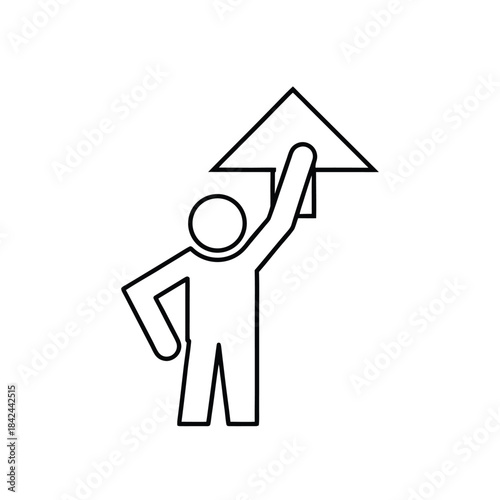 Person Holding Upward Arrow Line Drawing in Black and White – Minimal Growth and Progress Icon