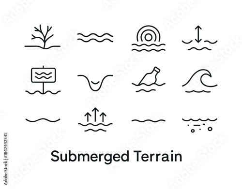 Submerged Terrain Icons. Submerged Terrain. Line icon set of Sub