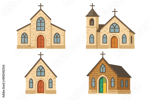 Architectural collection of various Christian church buildings featuring crosses and stone facades