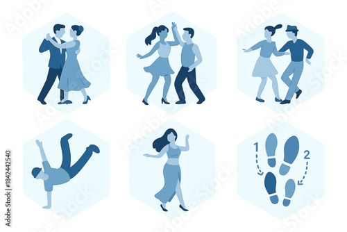 Set of diverse dancing movements featuring couples, solo performers, and instructional footwork diagrams