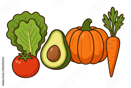 Colorful arrangement of fresh healthy vegetables and fruit including tomato, lettuce, avocado, pumpkin, and carrot