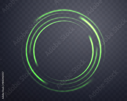 Neon realistic energy flare halo ring. Abstract light effect on a dark transparent background. Vector illustration.