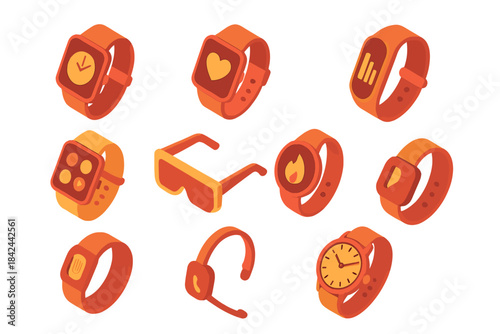 Isometric set of modern wearable technology gadgets including smartwatches and fitness trackers
