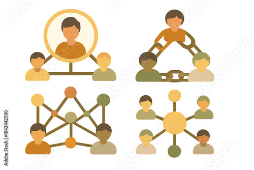 Four diagrams showing social networking, organizational structure, hierarchy, and human connection