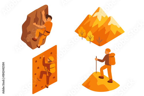 Outdoor climbing and hiking activities in autumn landscapes with vibrant colors and skilled climbers on various rock surfaces