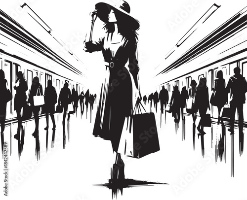 Elegant shopper navigates bustling metro in monochrome minimalis