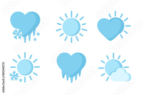 Climate and temperature icons set featuring frozen hearts, sun, and snowflakes
