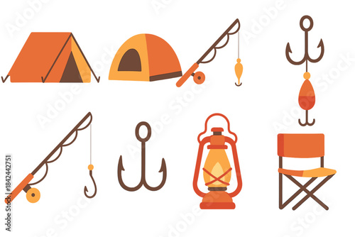 Camping and fishing gear collection featuring tents, rods, hooks, a lantern, and chair for outdoor adventures