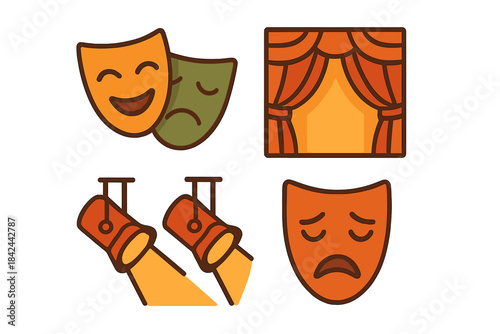 Colorful theater masks and curtains represent emotions and performance in a lively artistic display