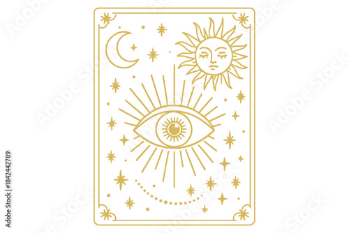 Mystical celestial tarot card with all-seeing eye sun and moon symbols in gold line art