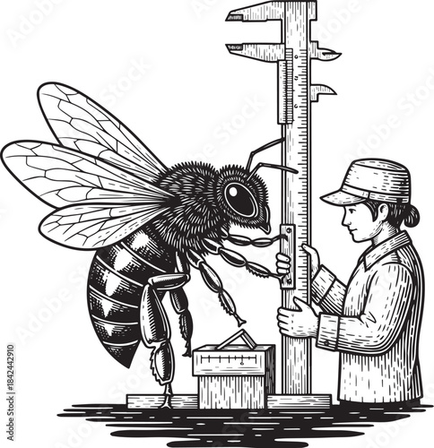 Engraved Illustration of Beekeeping Scientist Measuring a Bee wi