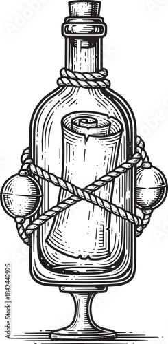 Engraved message in a bottle tied with nautical rope and buoys i