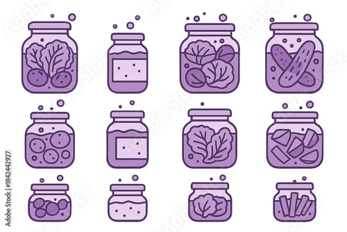 Collection of colorful jars filled with different types of pickled vegetables in various stages of preservation