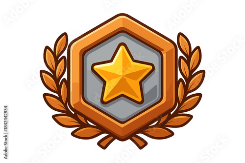 Golden star badge with laurel wreath design representing achievement and recognition in competitions or games