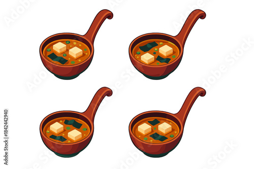 Healthy bowls of soup with tofu and seaweed garnished on a white background