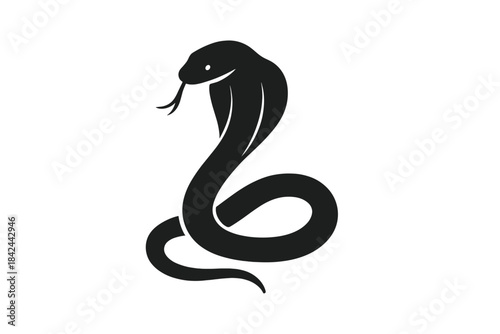 Stylized black silhouette of a striking king cobra snake with hood spread ready to attack on white background