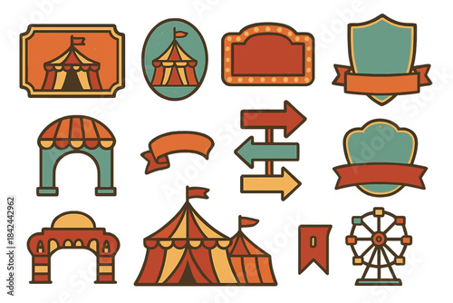 Vintage circus and carnival elements set with big top tents, banners, arrows, and Ferris wheel