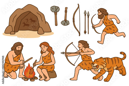 Early humans engaging in survival activities in a prehistoric setting with tools and a cave