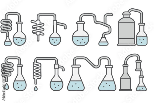 Laboratory apparatus for chemical experiments with various glassware and tubing arrangements