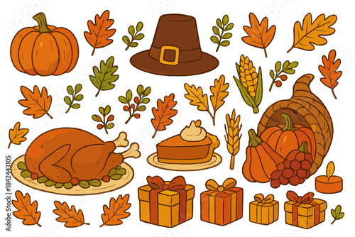 Traditional Thanksgiving holiday symbols featuring roasted turkey, pumpkin pie, pilgrim hat, and autumn foliage