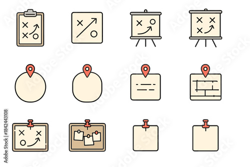Simple icons representing planning, strategy, and organization tools for visual communication