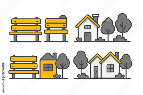 Simple residential icons featuring houses, park benches, and outdoor landscaping elements in flat design