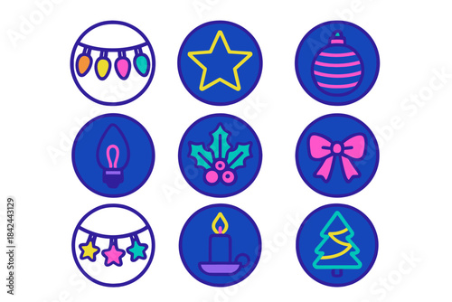 Set of nine colorful Christmas and winter holiday icons featuring festive symbols