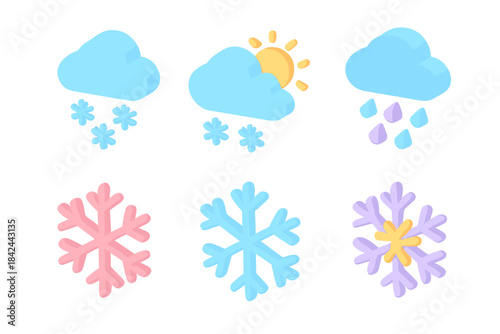 Isometric winter weather icons set featuring clouds, falling snow, sun, rain, and colorful snowflakes