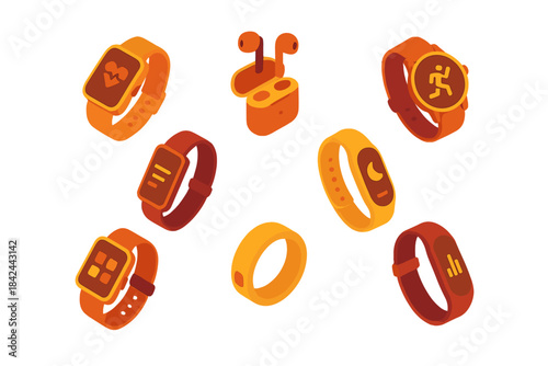 Isometric collection of wearable technology devices: smartwatches, fitness bands, and wireless earbuds