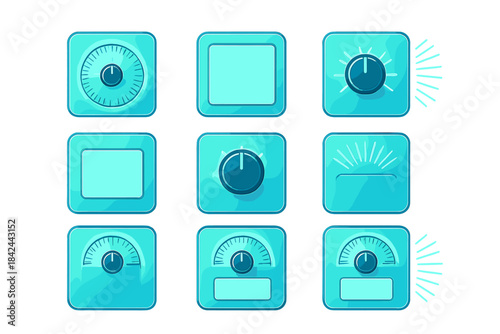 Array of control knobs and dials in various designs and styles for user interface applications and design projects