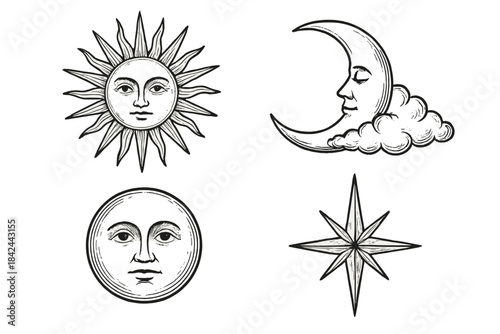 Vintage celestial symbols set including sun, moon, and star in engraving style