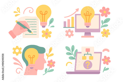 Creative process illustrated with light bulbs, plants, and tools in a colorful design showing brainstorming, planning, and problem-solving