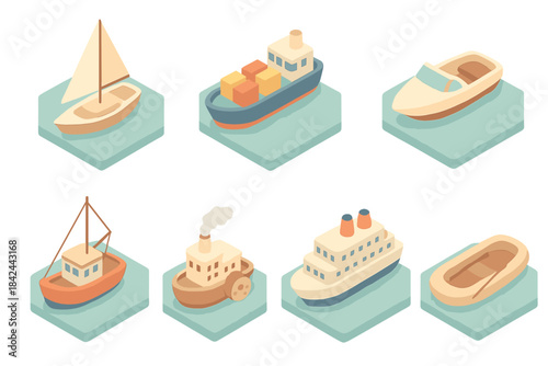 Isometric icons of various types of ships and boats used for water transportation