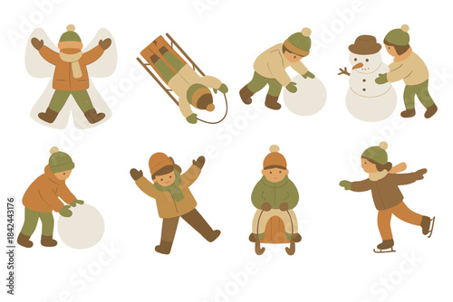 Diverse children playing winter sports and activities like sledding, ice skating, and building snowmen