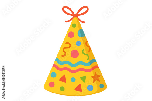 Bright yellow conical party hat decorated with colorful geometric shapes and a festive red bow on top
