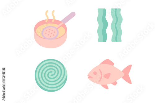Fresh seafood and sushi ingredients on a clean background ready for meal preparation