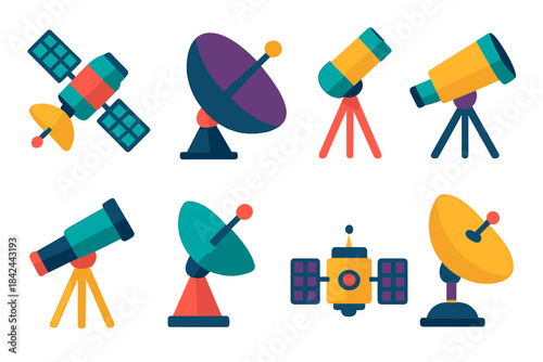 Various telescopes and satellite dishes displayed on a white background showcasing modern astronomy tools for observation