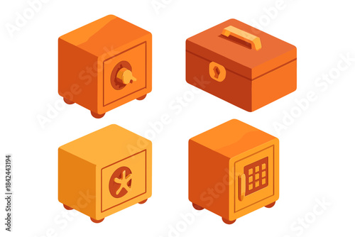 Isometric set of security safes and lockboxes with combination dials and digital keypads