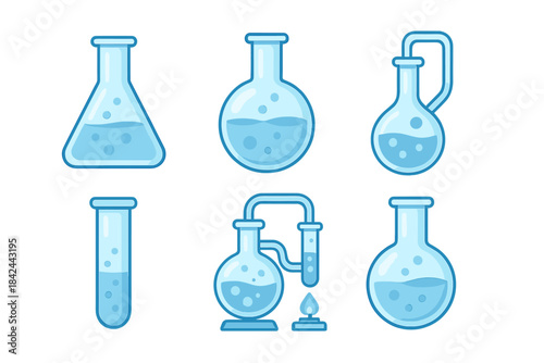 Collection of chemistry laboratory flasks, test tubes, and scientific apparatus filled with blue liquid