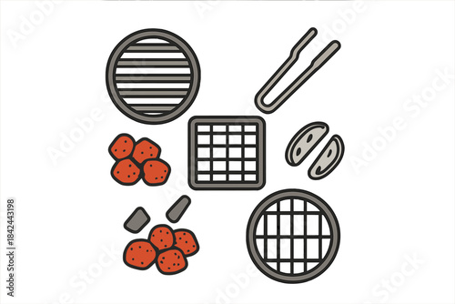 Colorful barbecue grill setup featuring skewered meatballs and grilling tools