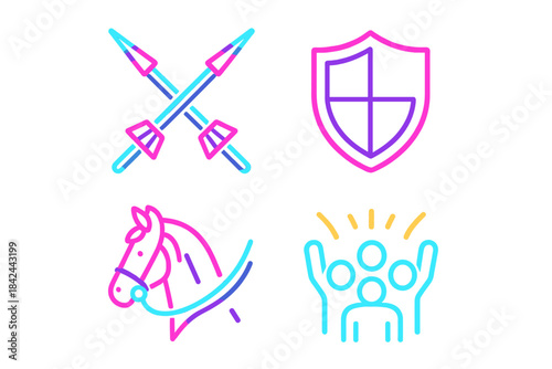 Symbols of medieval struggle and unity featuring crossed spears, a shield, a horse, and a group of people celebrating together